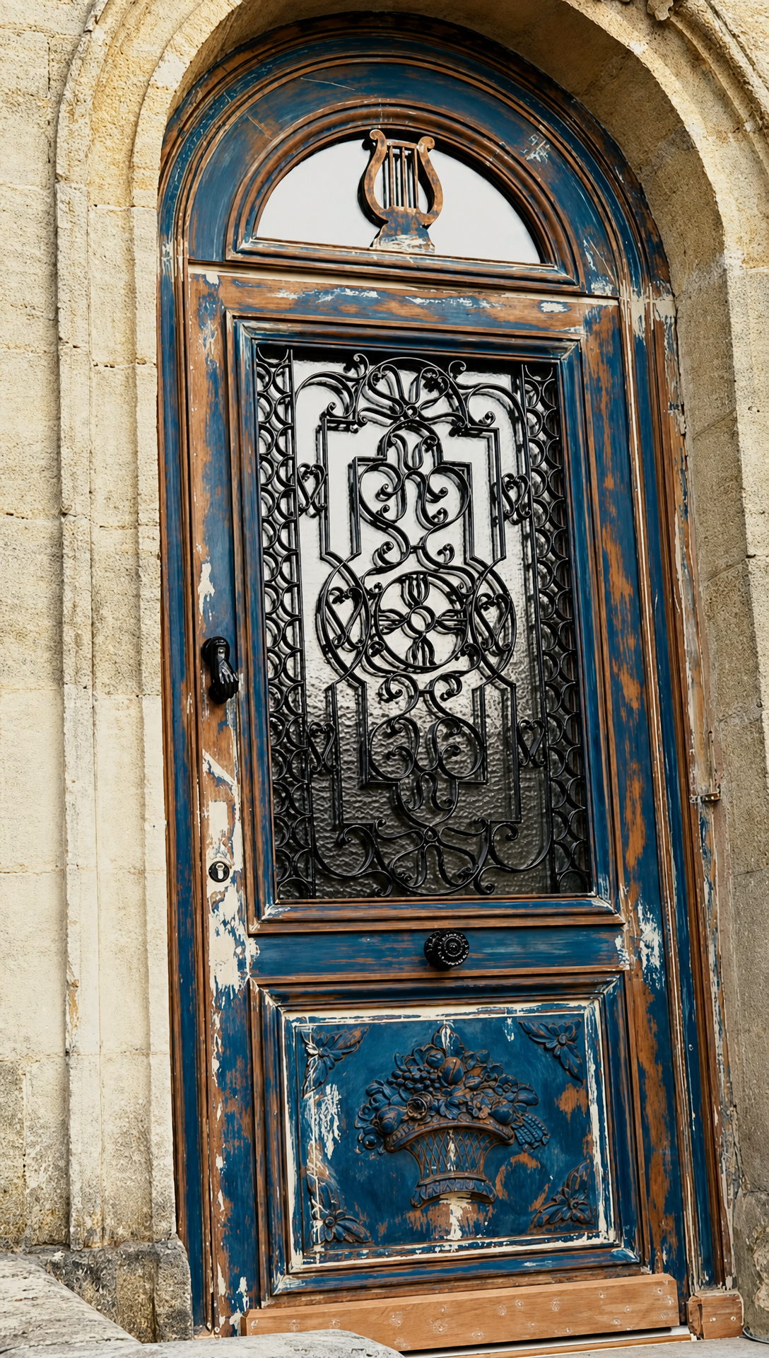 The arched front door back from the restorers, with the ironwork and lyre freshly blacked, new timber patched in along the bottom and the old blue paint sanded back ready for repainting