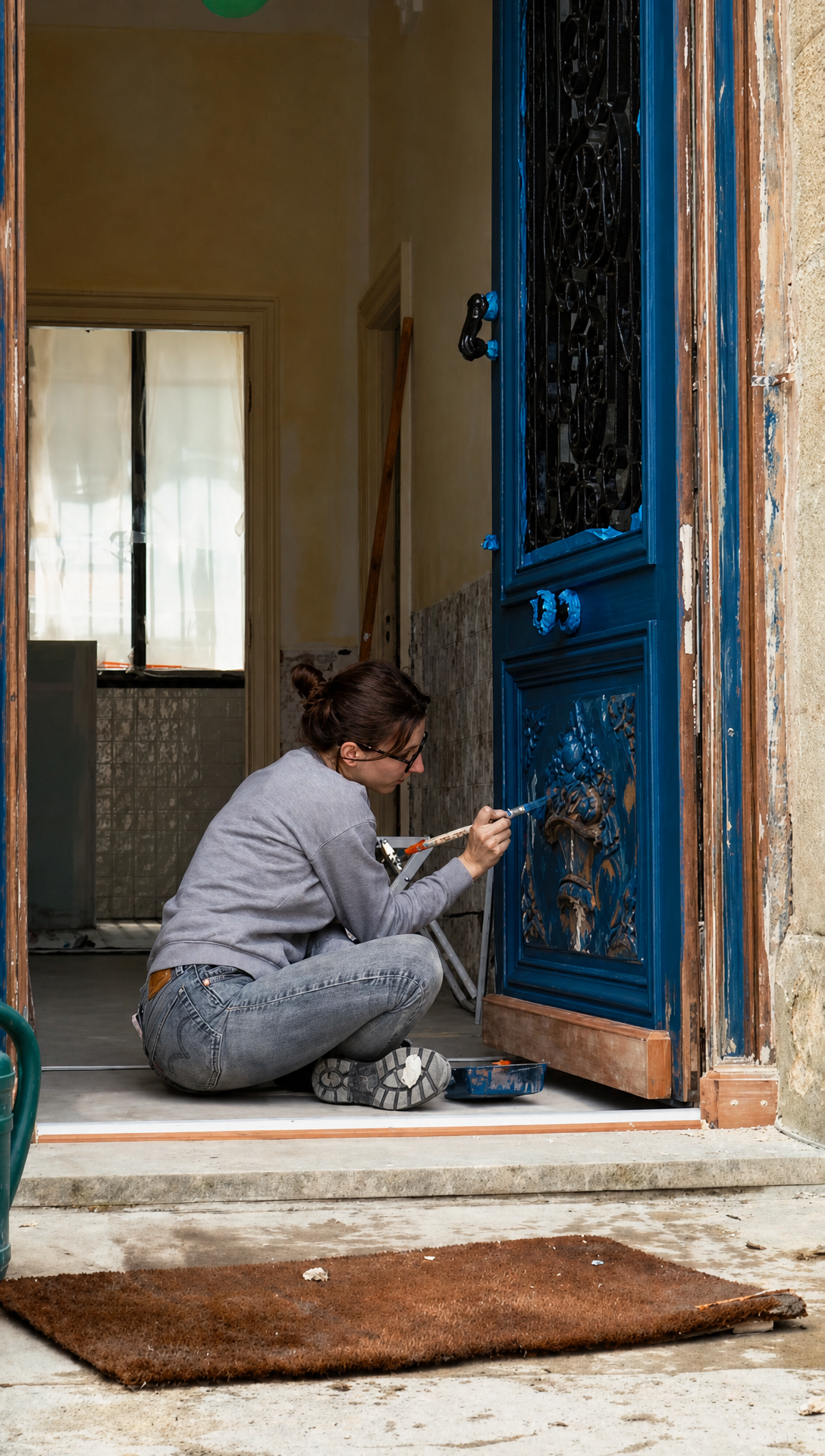 Romy sitting on the doorstep painting the restored front door blue