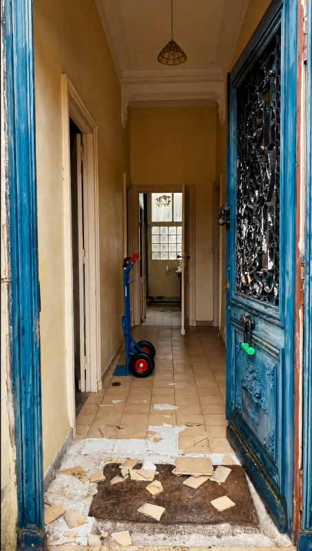 The hallway before renovation, looking through the open front door at bare walls and a floor of broken tiles