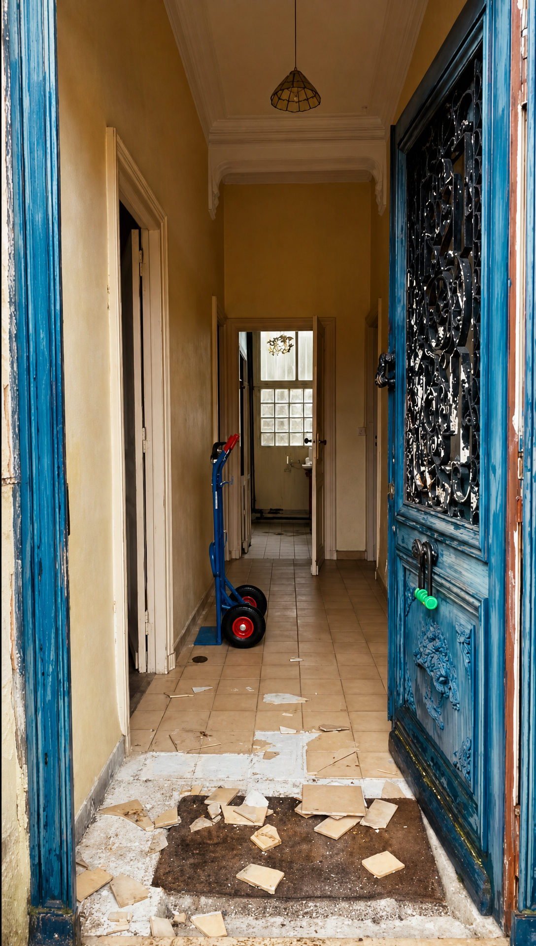 The hallway before renovation, looking through the open front door at bare walls and a floor of broken tiles