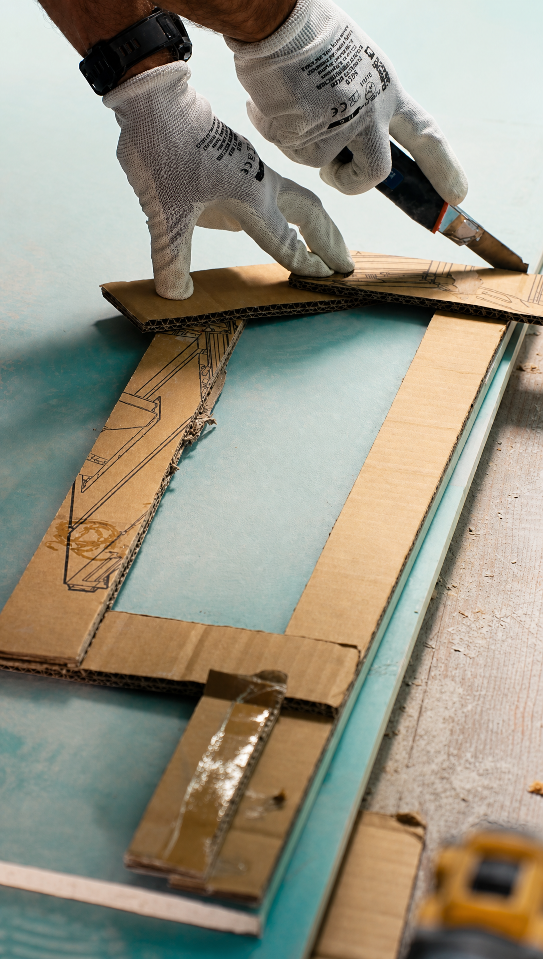 Gloved hands trimming a cardboard template with a knife on top of a sheet of green moisture resistant plasterboard