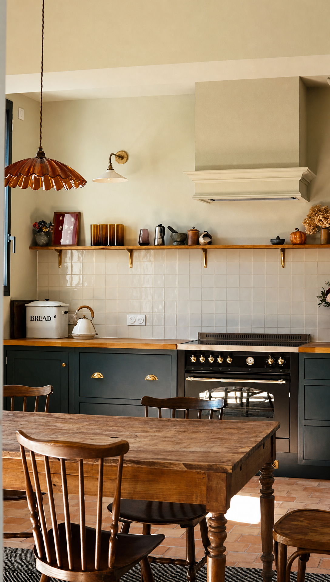 The finished kitchen with dark blue shaker cabinets, a range cooker, a wooden table and a pleated pendant light