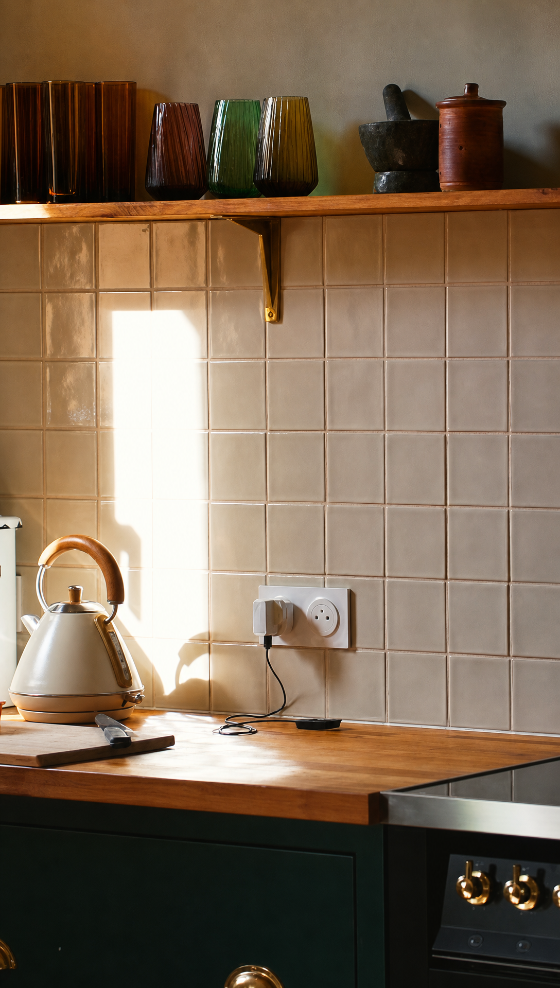 Morning light falling across the white crackle glazed tiles and the wooden shelf behind the kitchen worktop