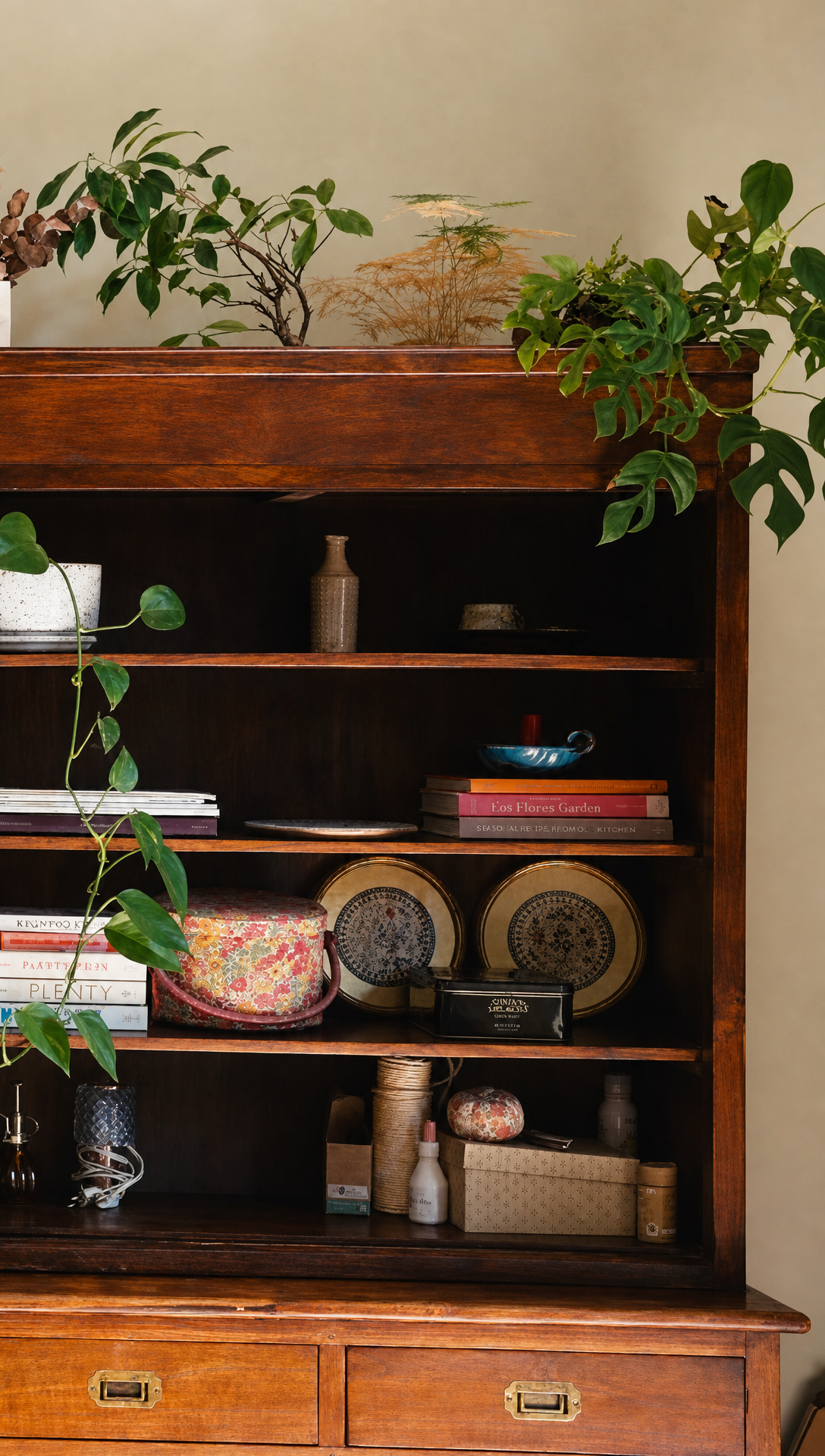 A large teak dresser filled with jars, bowls and books, with trailing plants on top