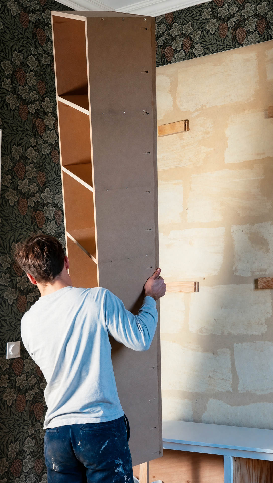 Hugo steadying a tall plywood bookcase carcass against the wallpapered wall