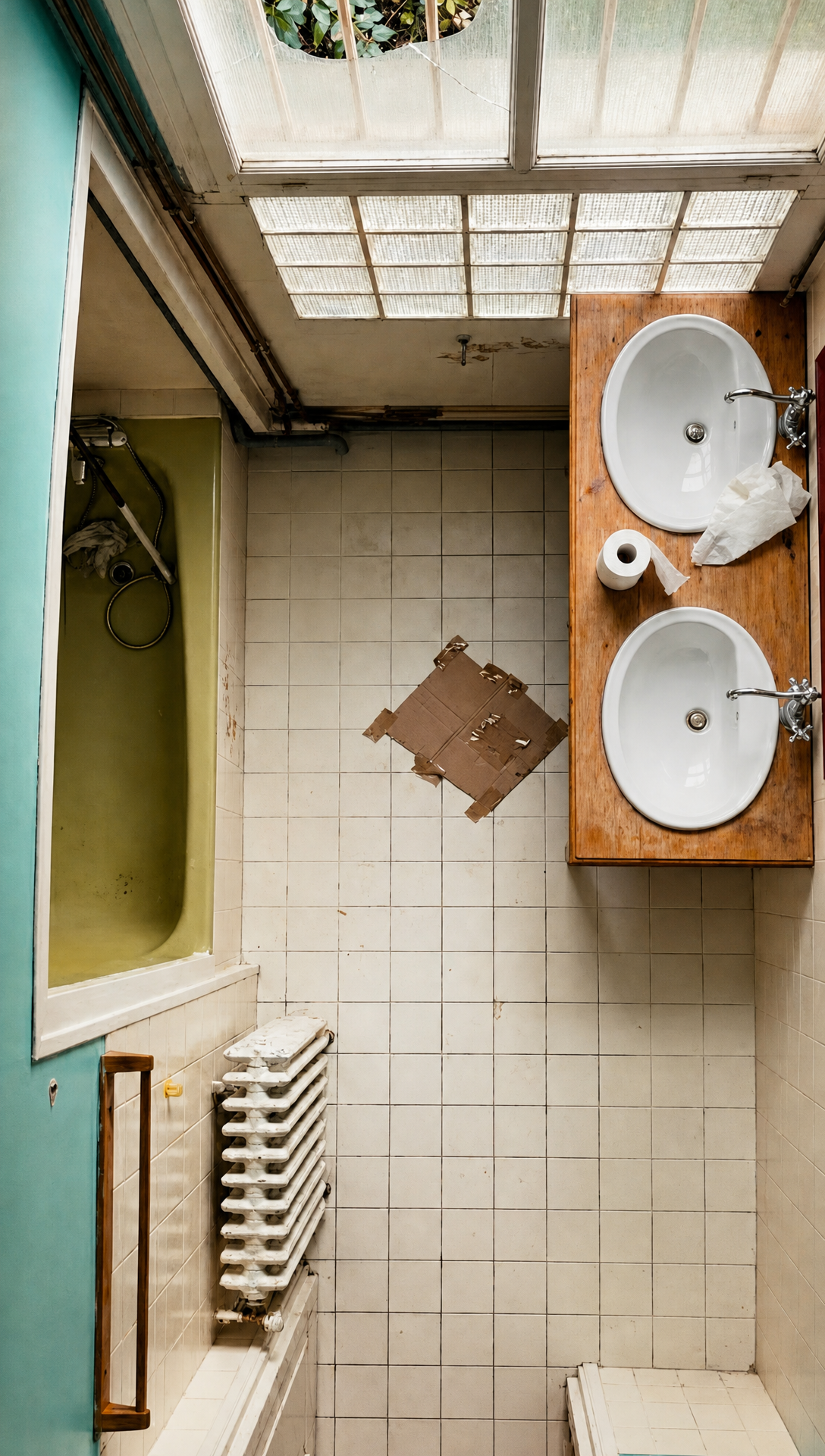 The old bathroom seen from above, with two basins on a wooden stand and worn white tiles