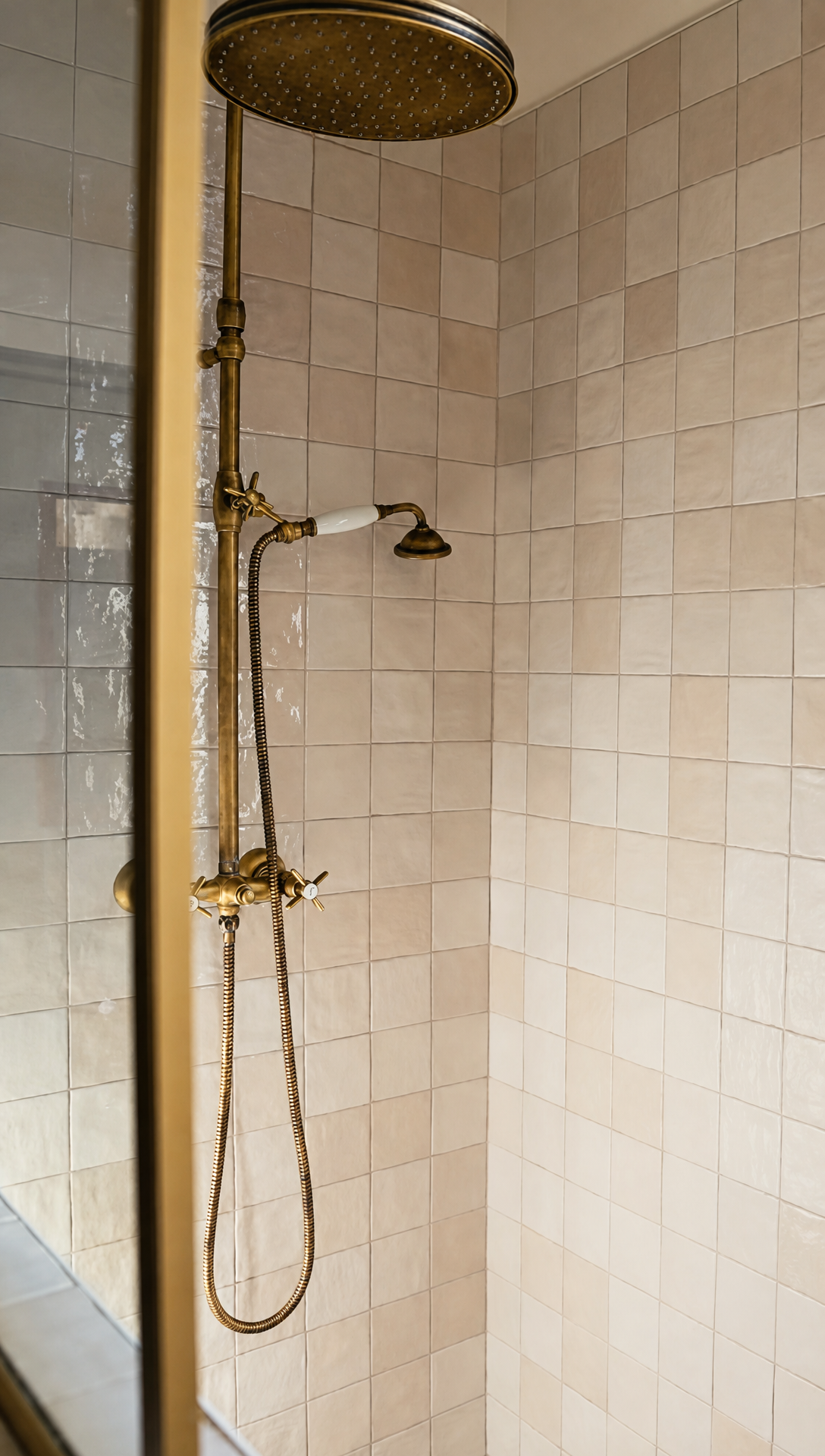 Walk-in shower with cream zellige tiles and a brass shower set
