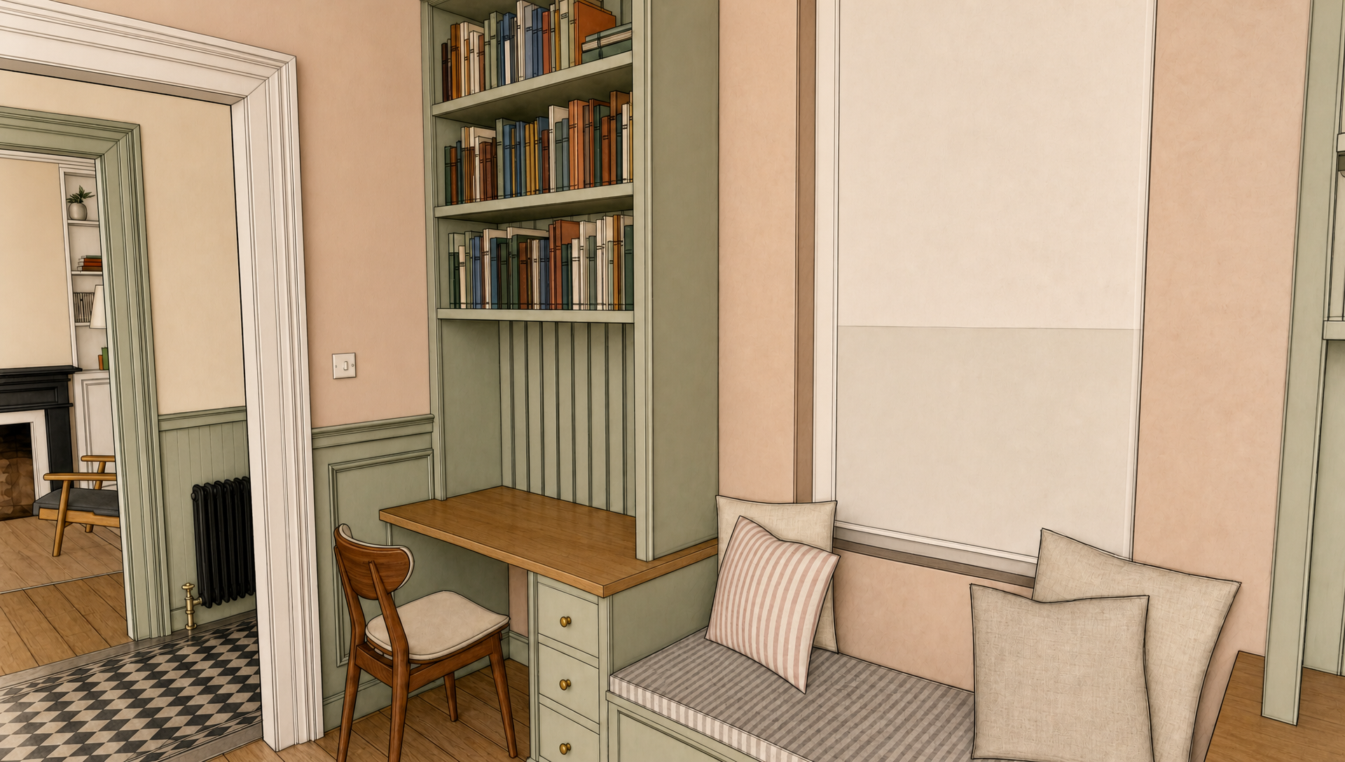Watercolour render of the office and stairwell with built-in cupboards under and alongside the stairs in pale green
