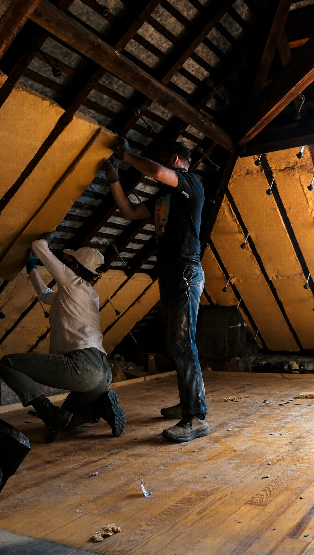 Two people pulling old insulation out from between the dark roof timbers of the attic
