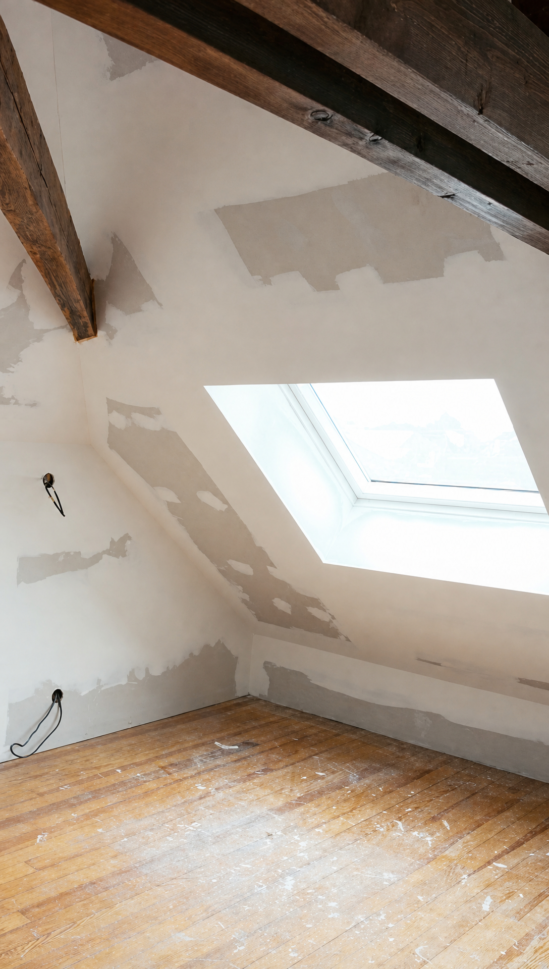 The attic with new plasterboard walls around the old oak beams and light coming through a roof window