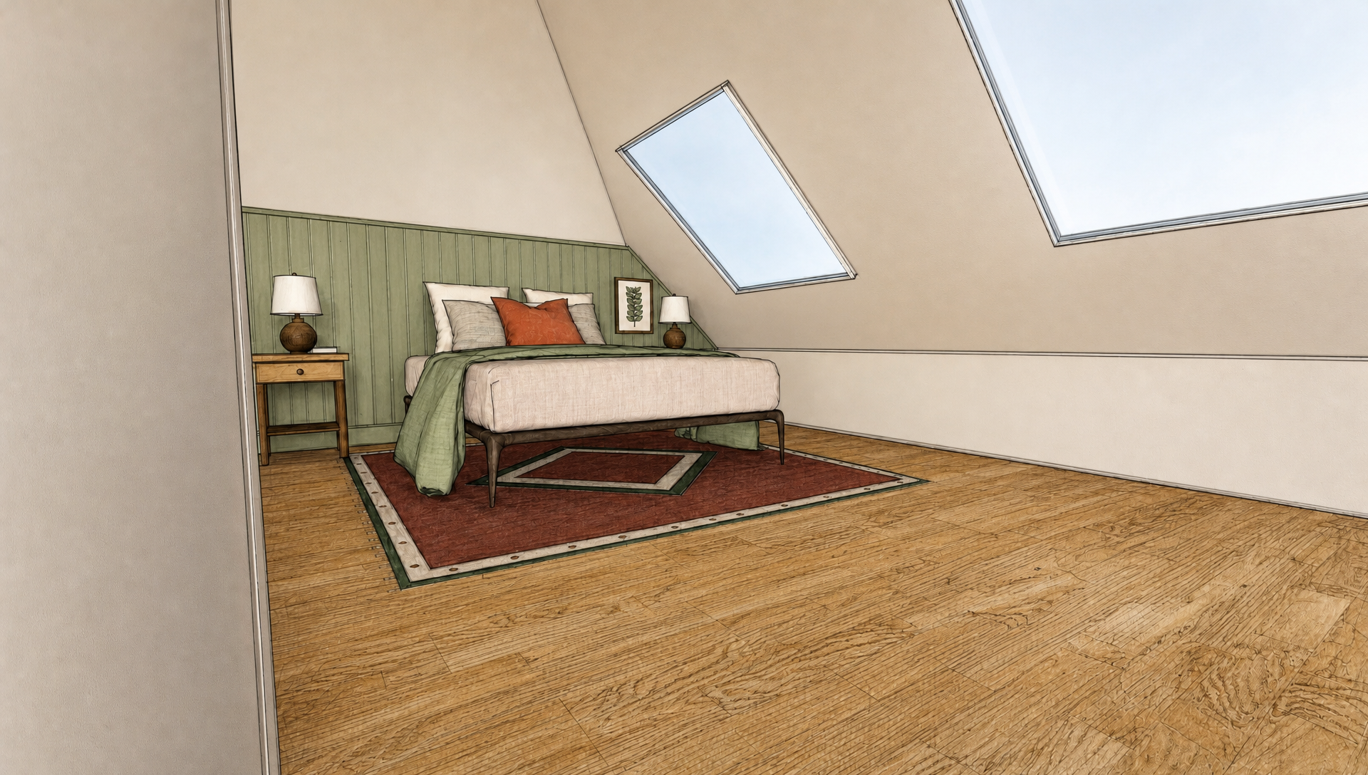 Watercolour render of the planned attic bedroom with a bed under the sloping ceiling, a roof window and a green panelled wall