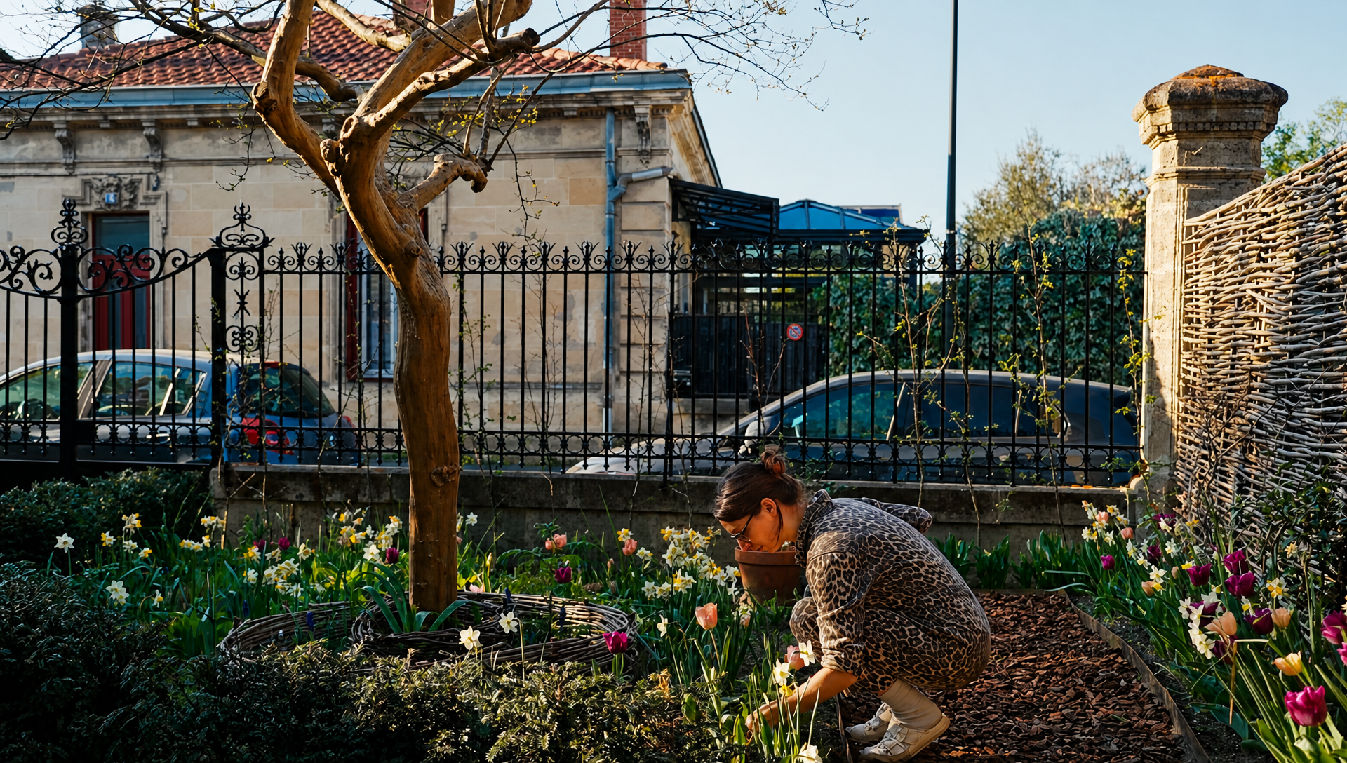 Romy crouched in the front garden border among tulips and daffodils, with the railings and the street behind