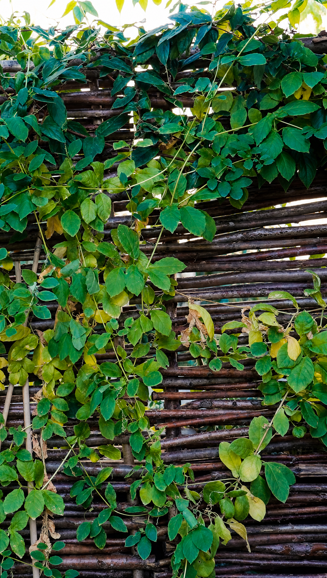 A woven hazel fence with climbing plants growing through it