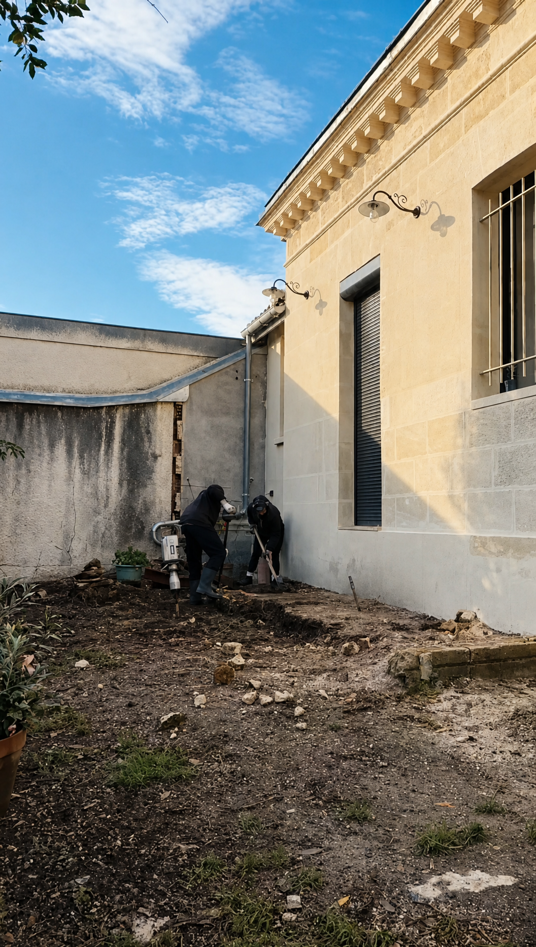 The bare back garden before, with rubble and bare earth beside the house wall