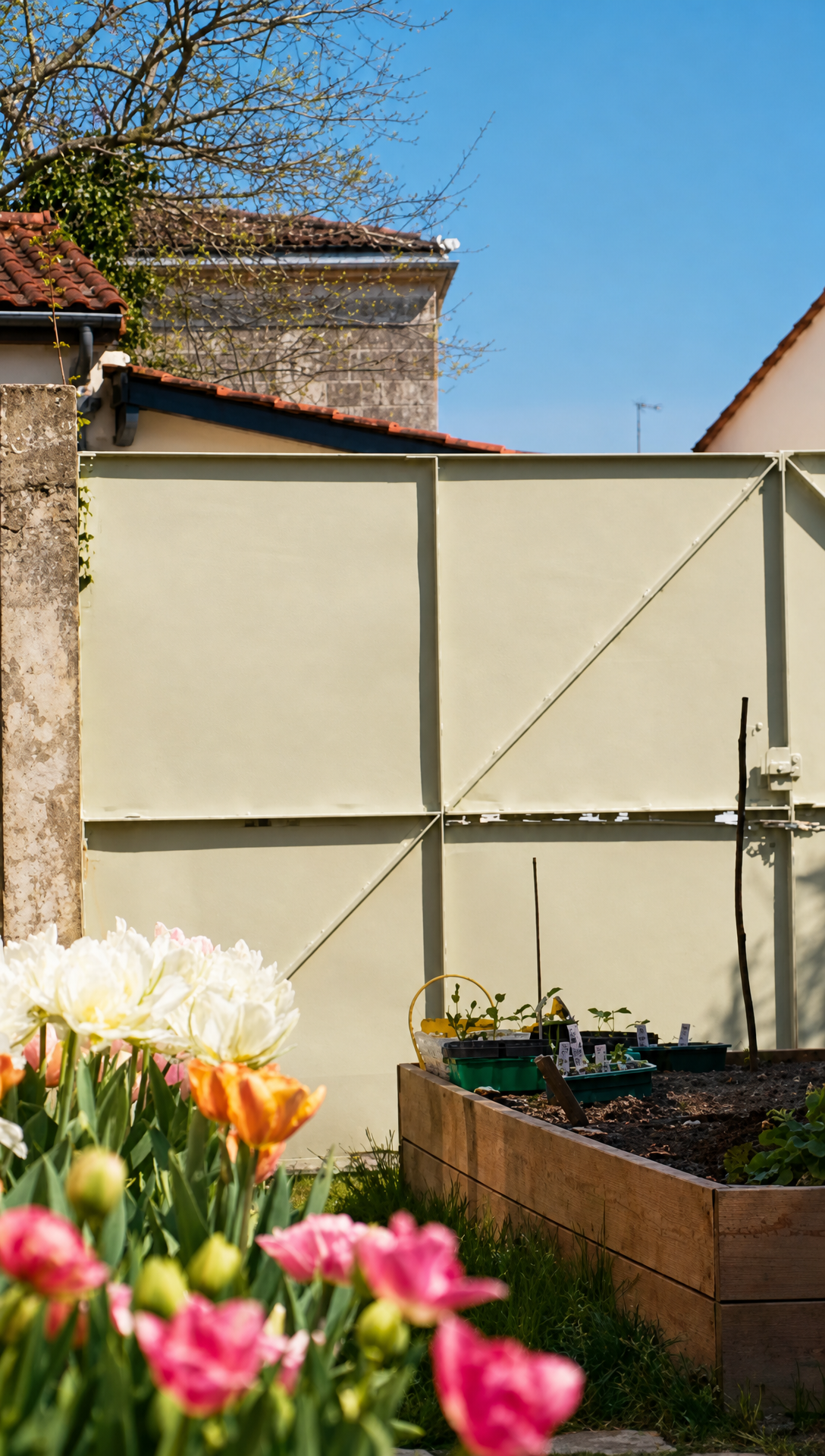 The old metal gate at the back of the garden painted pale green, with tulips and a raised bed in front of it
