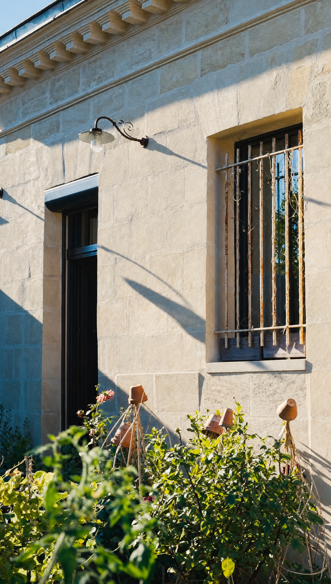 The restored stone back facade of the house in evening light, with a wall lamp, a barred window and planting below